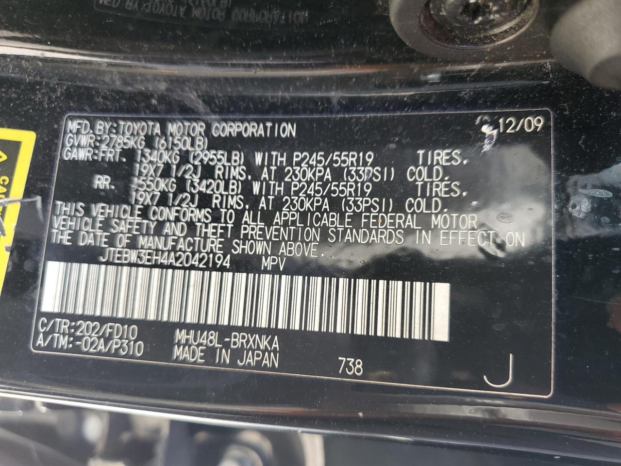 2010 Toyota Highlander Hybrid VIN: JTEBW3EH4A2042194 Lot: 85360745