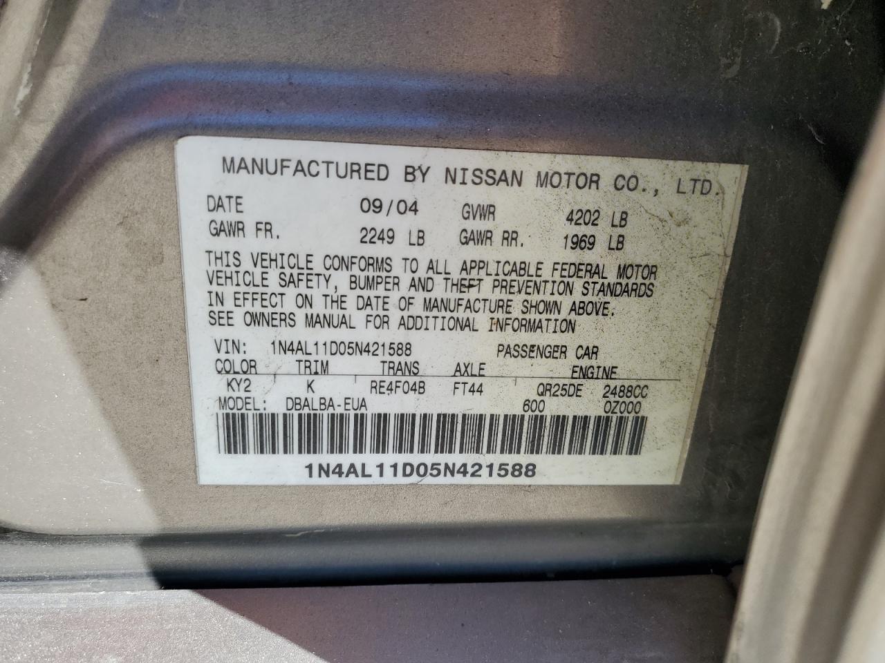 2005 Nissan Altima S VIN: 1N4AL11D05N421588 Lot: 94363935