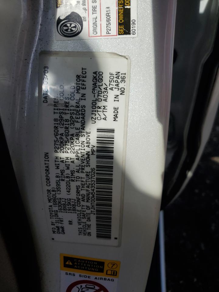 2004 Lexus Lx 470 VIN: JTJHT00W543537026 Lot: 86150655