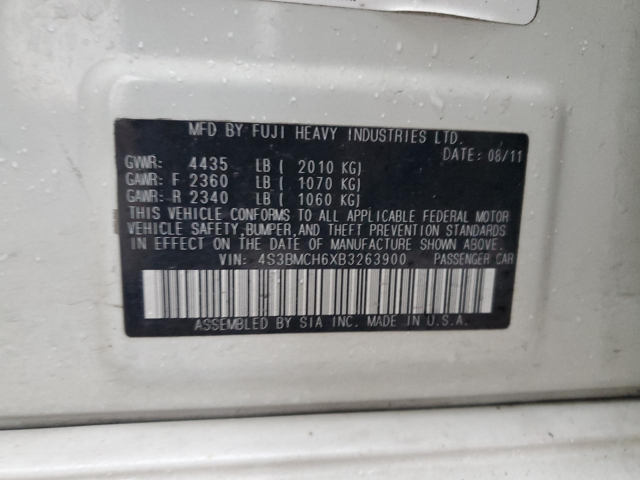 2011 Subaru Legacy 2.5I Premium VIN: 4S3BMCH6XB3263900 Lot: 90038155