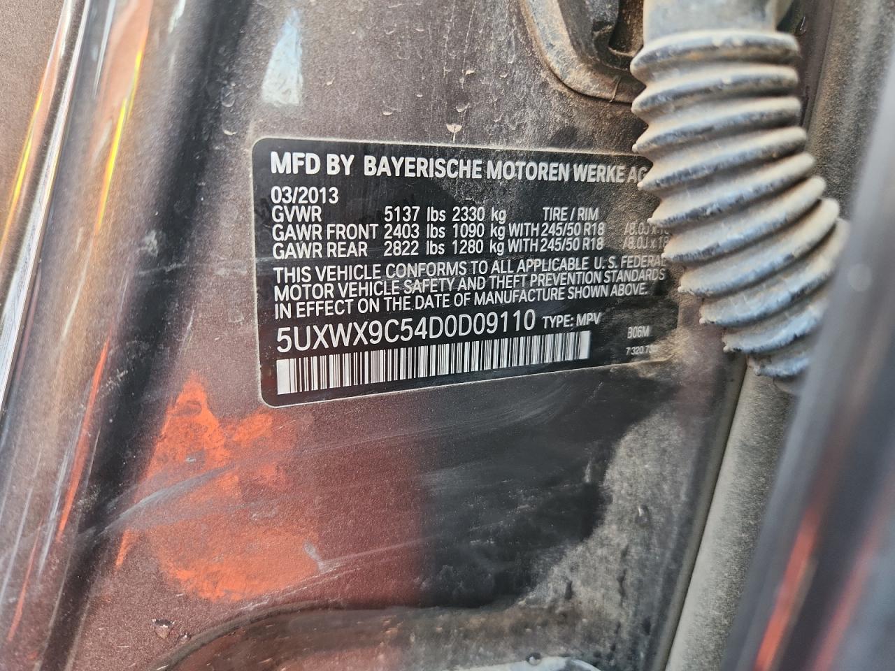 2013 BMW X3 xDrive28I VIN: 5UXWX9C54D0D09110 Lot: 85008025