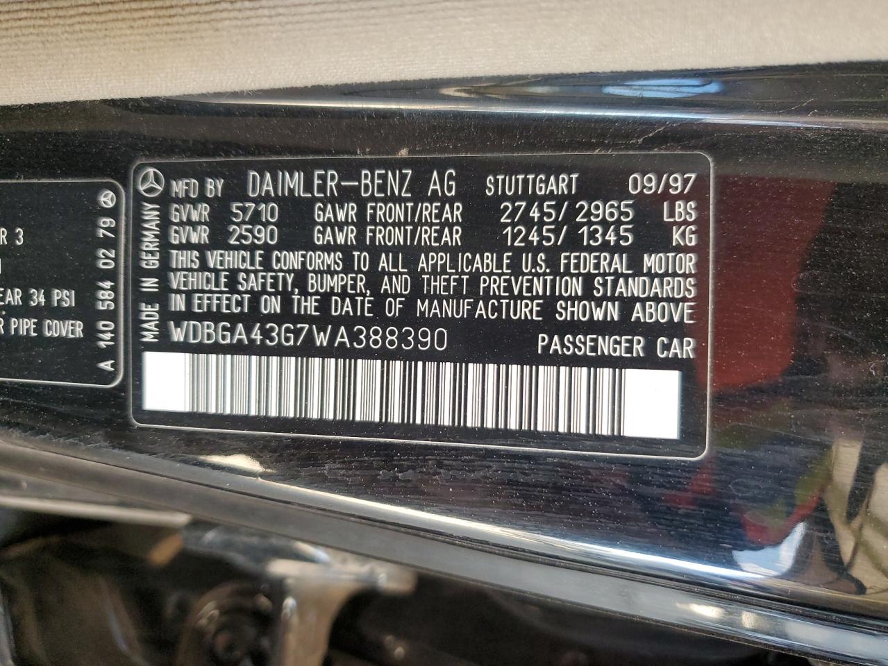 1998 Mercedes-Benz S 420 VIN: WDBGA43G7WA388390 Lot: 89506785