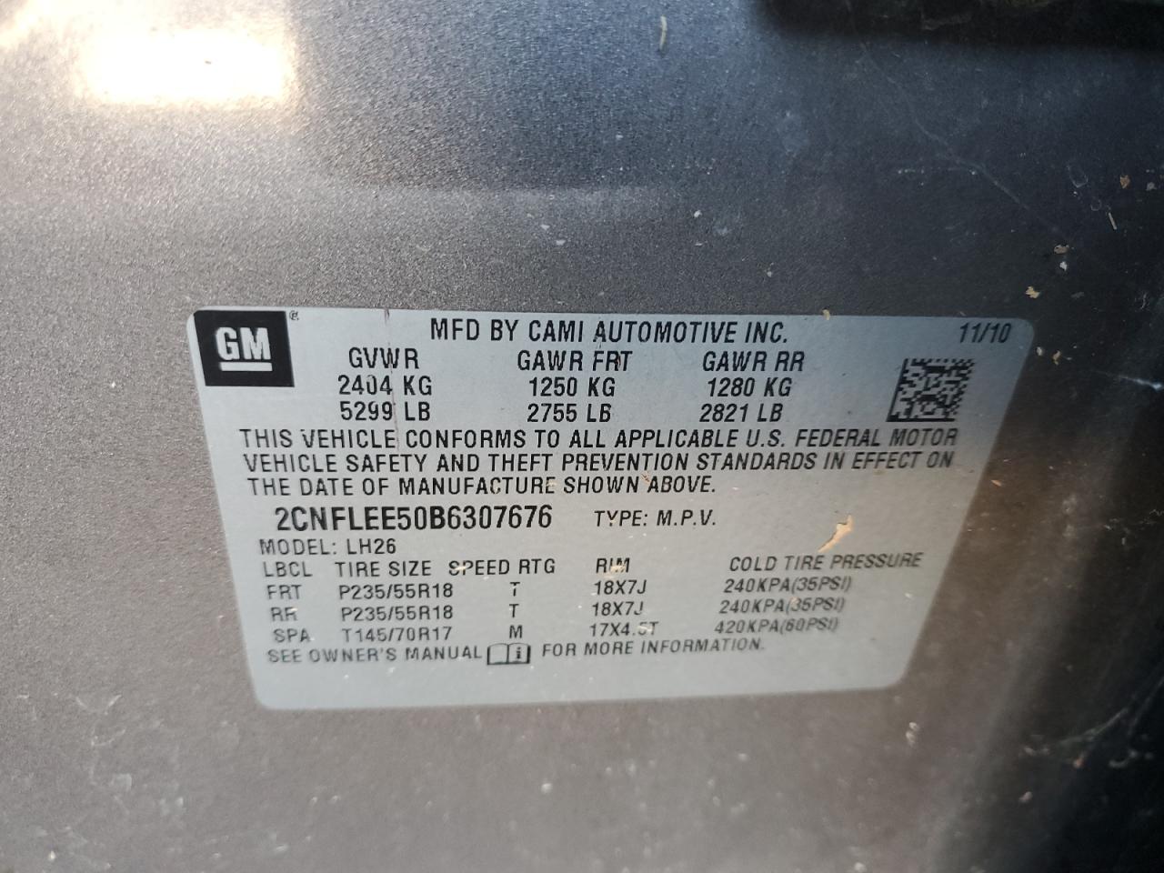 2011 Chevrolet Equinox Lt VIN: 2CNFLEE50B6307676 Lot: 82386325