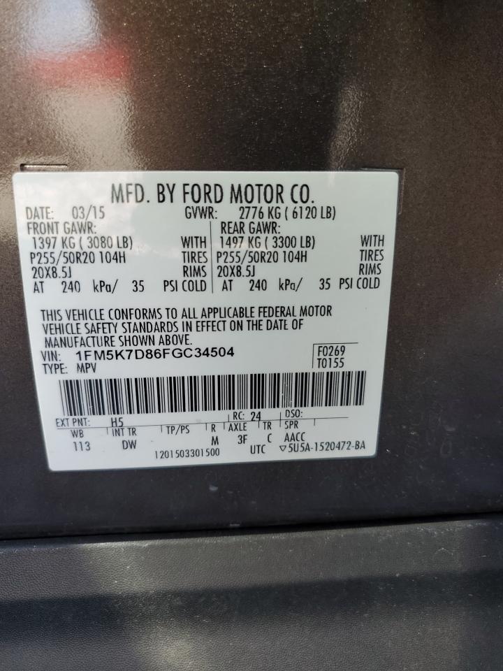 2015 Ford Explorer Xlt VIN: 1FM5K7D86FGC34504 Lot: 86769965