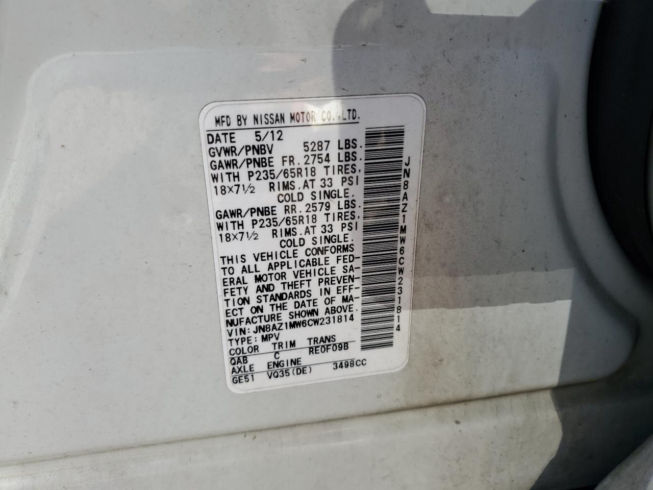 2012 Nissan Murano S VIN: JN8AZ1MW6CW231814 Lot: 84810885