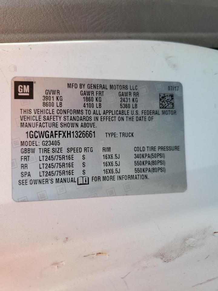 2017 Chevrolet Express Delivery Van VIN: 1GCWGAFFXH1326661 Lot: 86524335