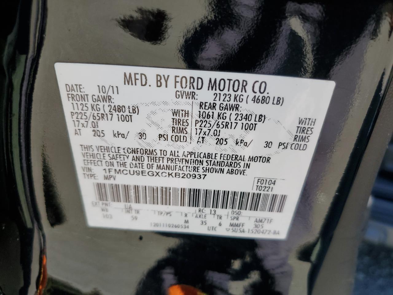 2012 Ford Escape Limited VIN: 1FMCU9EGXCKB20937 Lot: 85098505