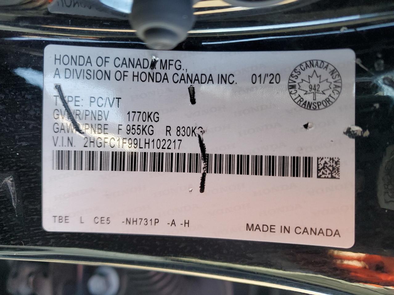 2020 Honda Civic Touring VIN: 2HGFC1F99LH102217 Lot: 86867735