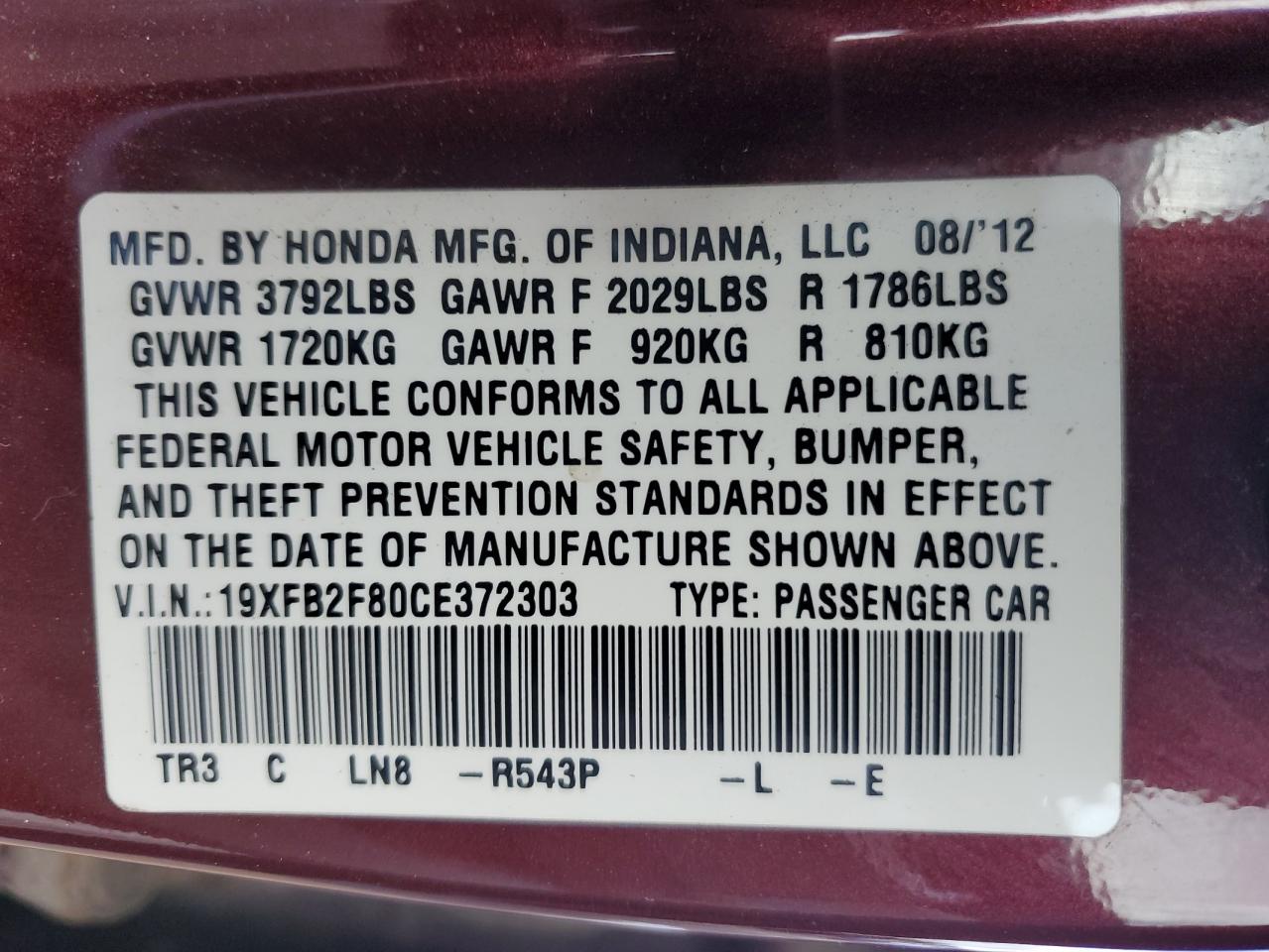 2012 Honda Civic Ex VIN: 19XFB2F80CE372303 Lot: 90652695