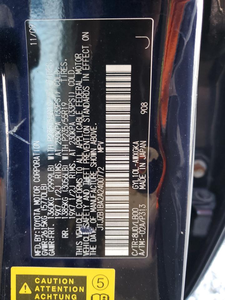 2010 Lexus Rx 450H VIN: JTJZB1BA2A2400772 Lot: 90321065