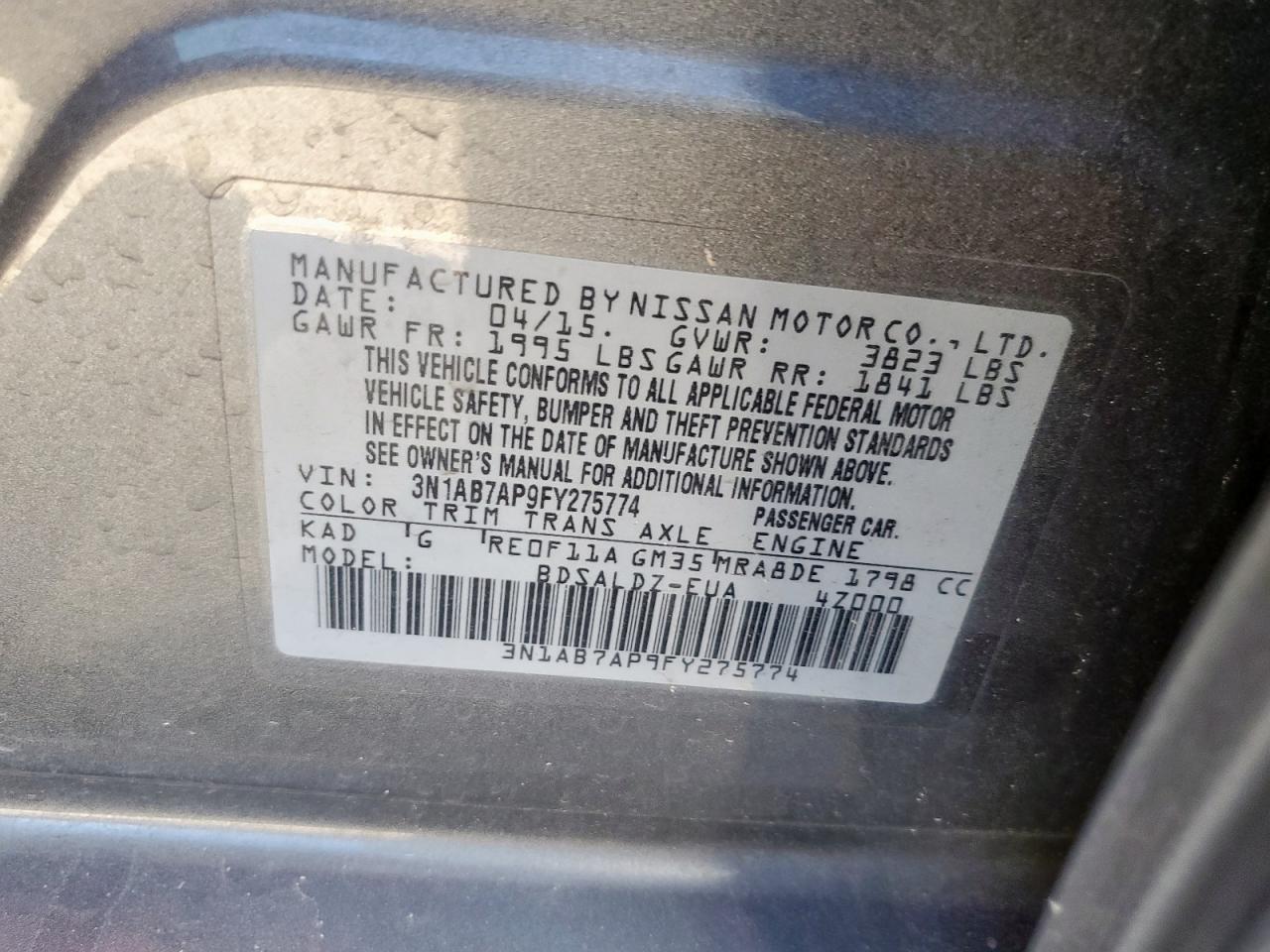 2015 Nissan Sentra S VIN: 3N1AB7AP9FY275774 Lot: 85370345