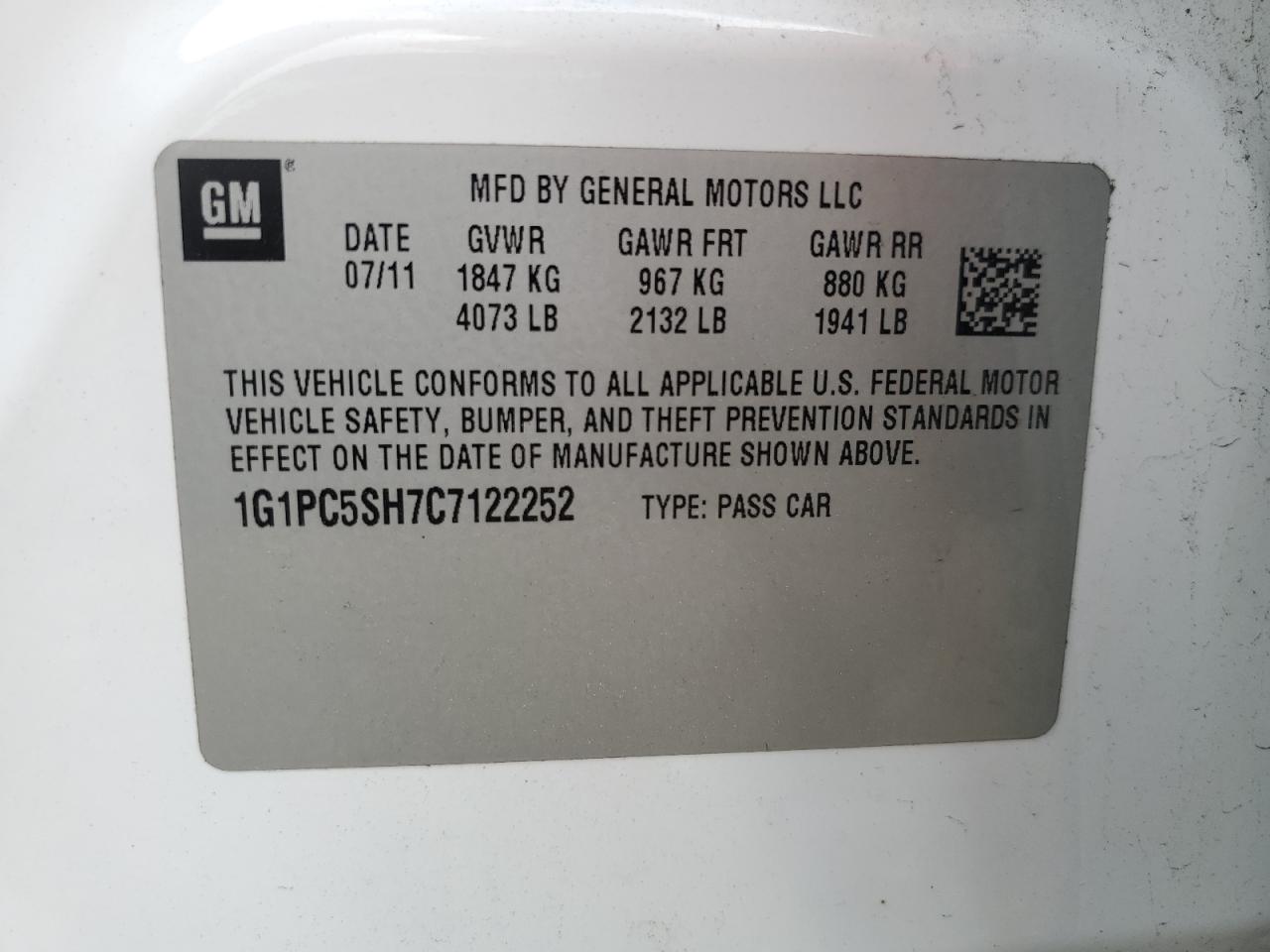 2012 Chevrolet Cruze Ls VIN: 1G1PC5SH7C7122252 Lot: 84006985