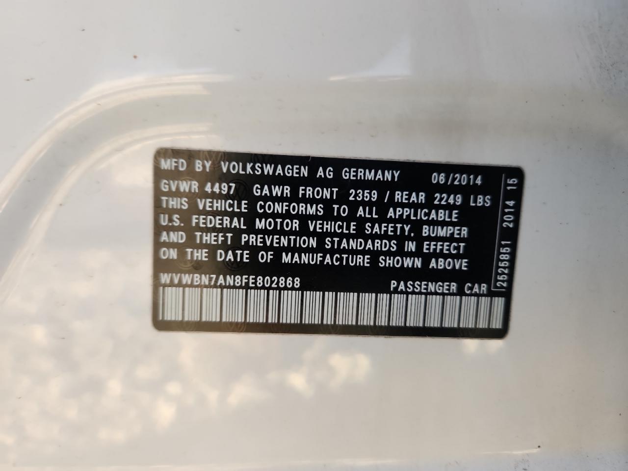 2015 Volkswagen Cc Sport VIN: WVWBN7AN8FE802868 Lot: 86105855