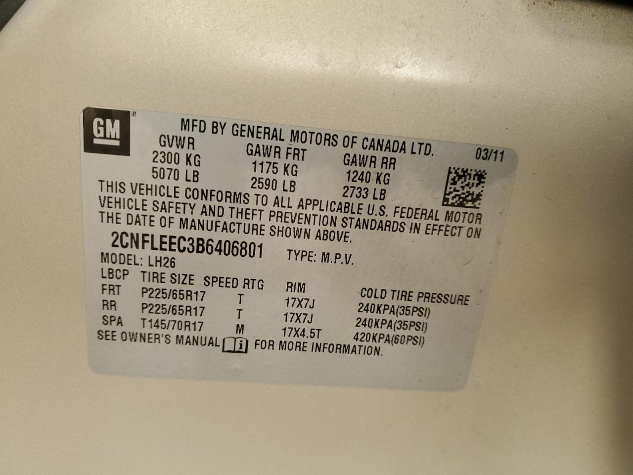 2011 Chevrolet Equinox Lt VIN: 2CNFLEEC3B6406801 Lot: 85944395