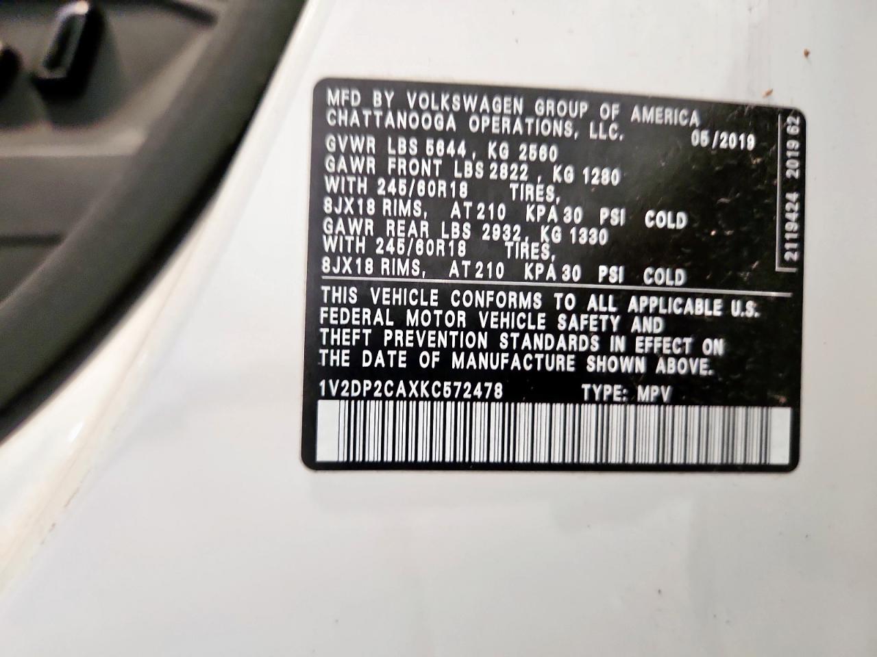 2019 Volkswagen Atlas Se VIN: 1V2DP2CAXKC572478 Lot: 84255365