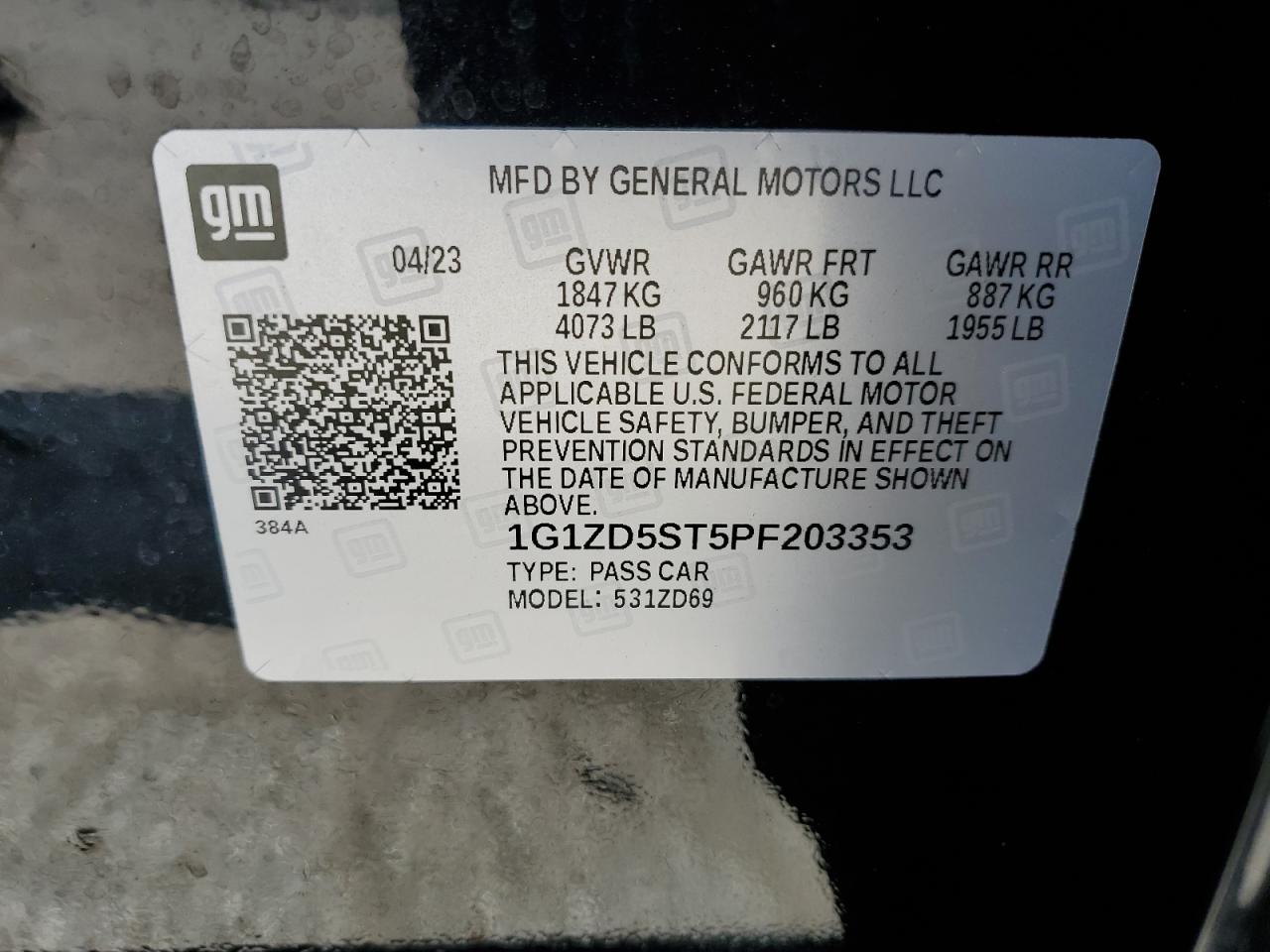 2023 Chevrolet Malibu Lt VIN: 1G1ZD5ST5PF203353 Lot: 86060665