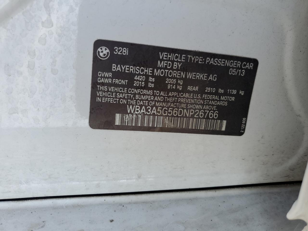 2013 BMW 328 I VIN: WBA3A5G56DNP26766 Lot: 86213875