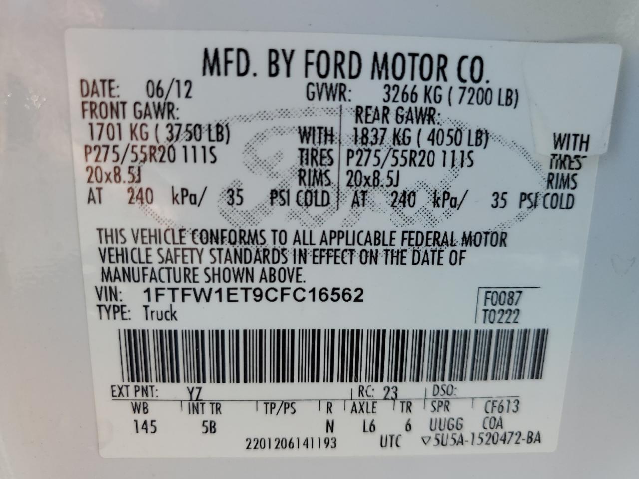2012 Ford F150 Supercrew VIN: 1FTFW1ET9CFC16562 Lot: 86667825