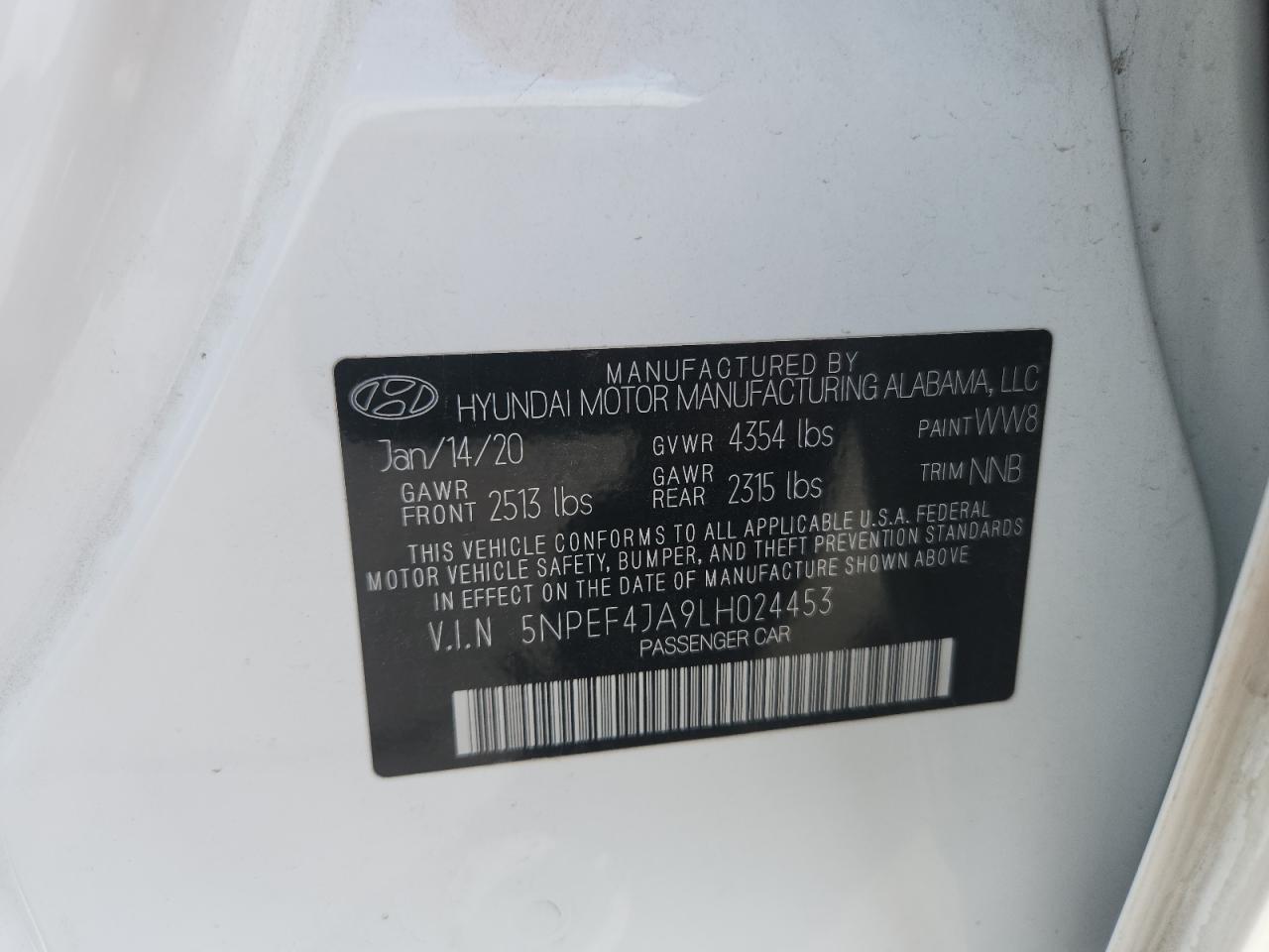 2020 Hyundai Sonata Sel VIN: 5NPEF4JA9LH024453 Lot: 82493545
