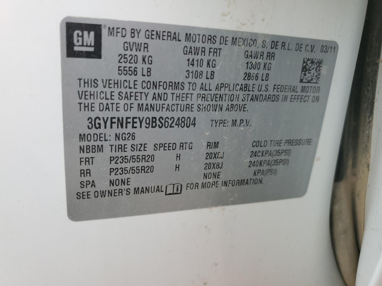 2011 Cadillac Srx Premium Collection VIN: 3GYFNFEY9BS624804 Lot: 85723185