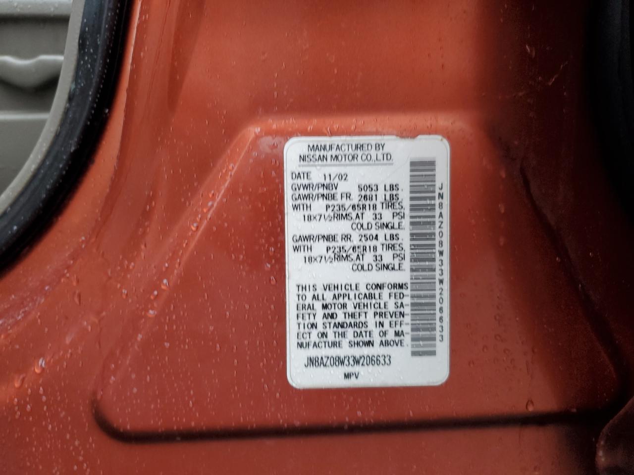 2003 Nissan Murano Sl VIN: JN8AZ08W33W206633 Lot: 85743435