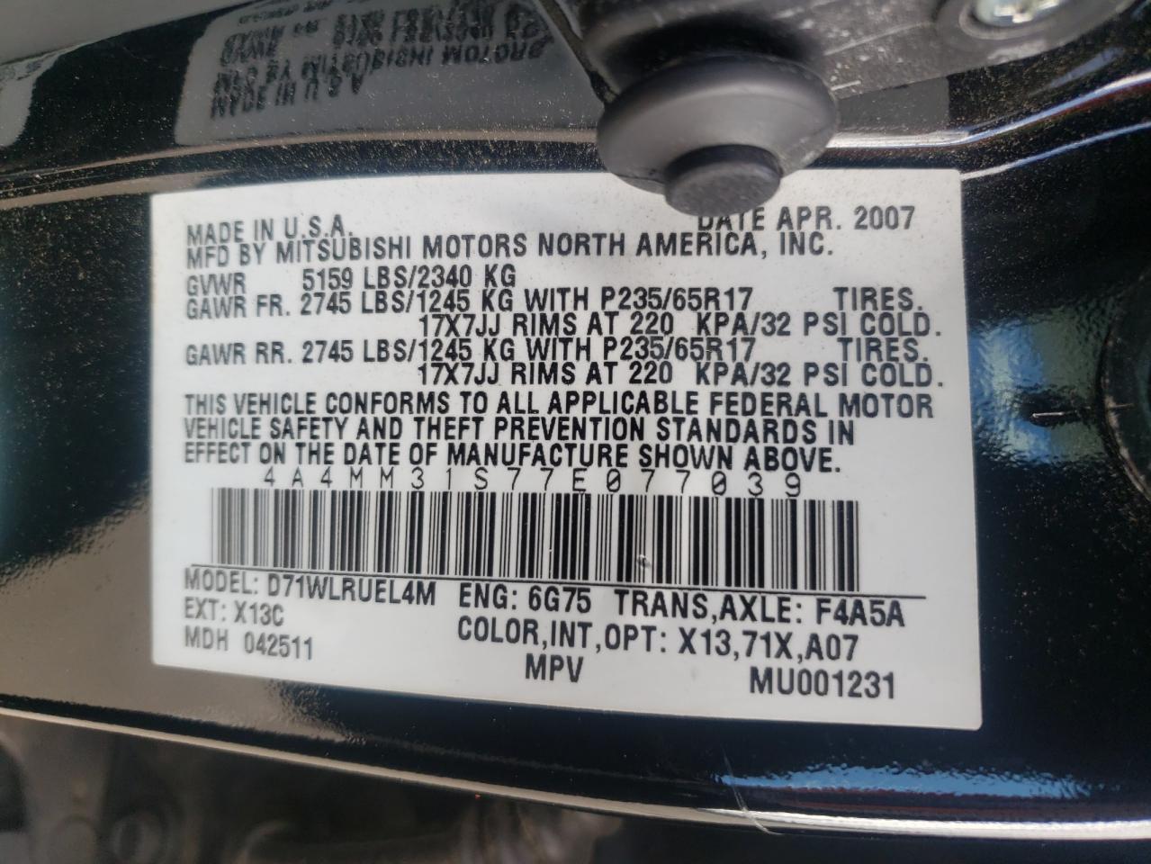 2007 Mitsubishi Endeavor Se VIN: 4A4MM31S77E077039 Lot: 82458755