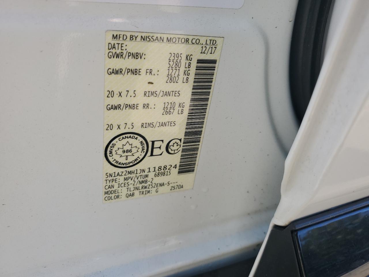 2018 Nissan Murano S VIN: 5N1AZ2MH1JN118824 Lot: 85526535