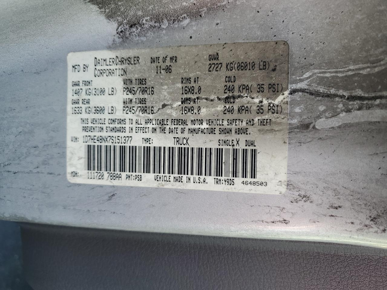 2007 Dodge Dakota Quad Slt VIN: 1D7HE48NX7S151377 Lot: 90899215