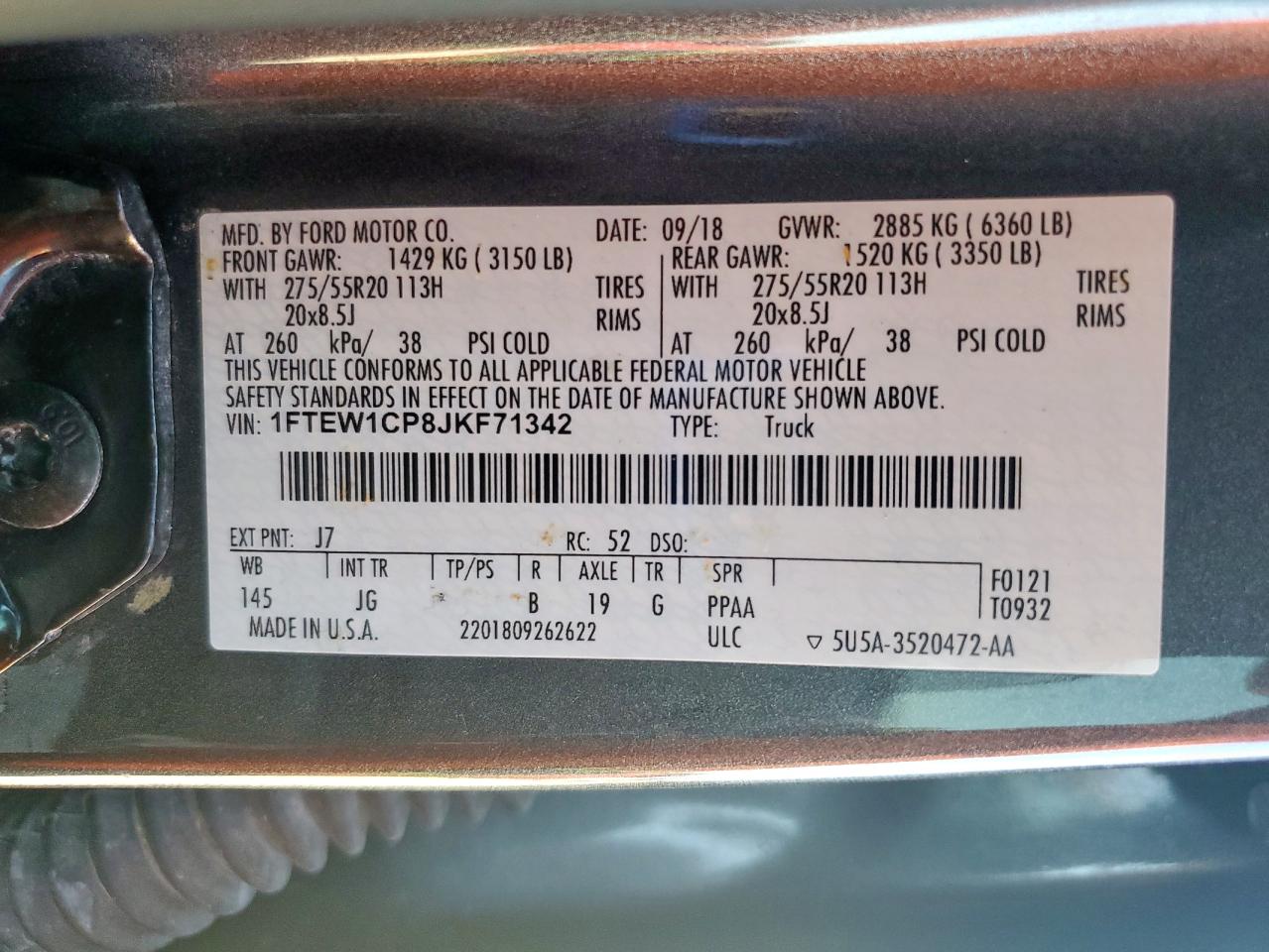 2018 Ford F150 Supercrew VIN: 1FTEW1CP8JKF71342 Lot: 85120035