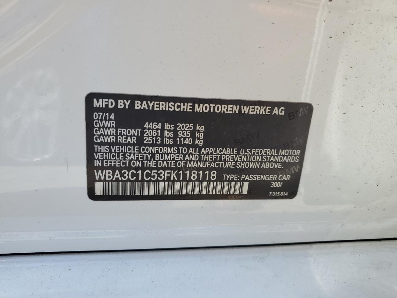 2015 BMW 328 I Sulev VIN: WBA3C1C53FK118118 Lot: 82246005