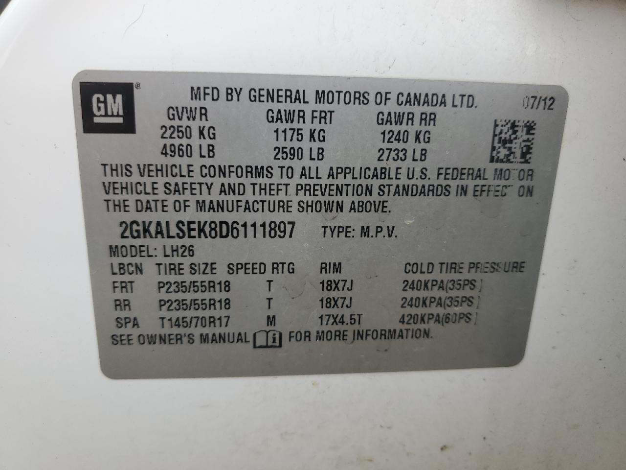 2013 GMC Terrain Sle VIN: 2GKALSEK8D6111897 Lot: 82255285