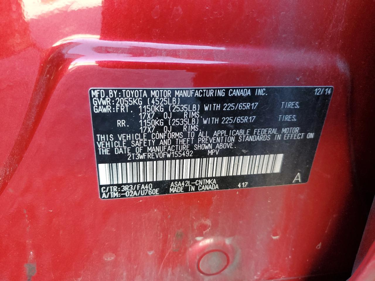 2015 Toyota Rav4 Xle VIN: 2T3WFREV0FW155492 Lot: 81884455