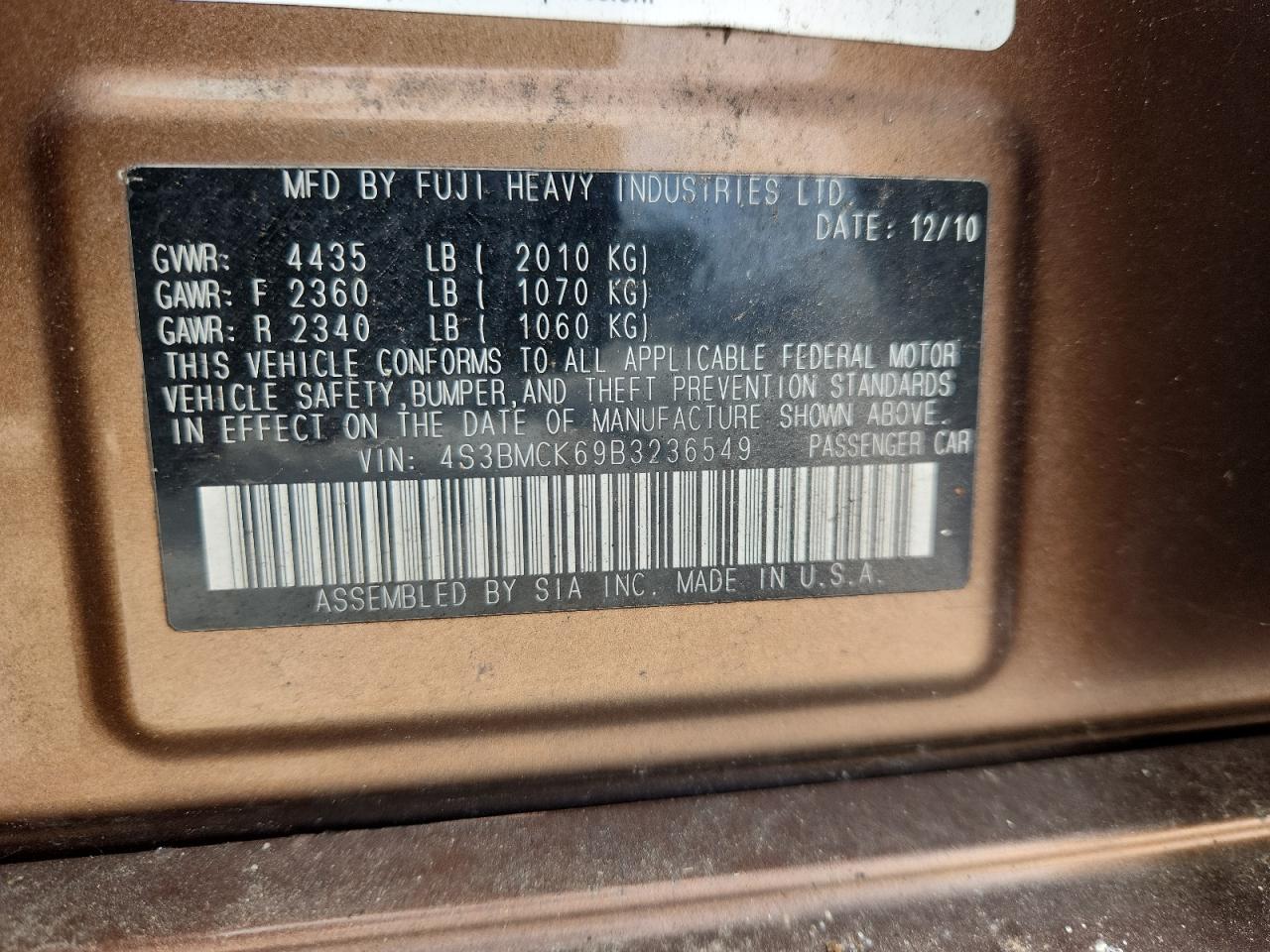 2011 Subaru Legacy 2.5I Limited VIN: 4S3BMCK69B3236549 Lot: 86210125