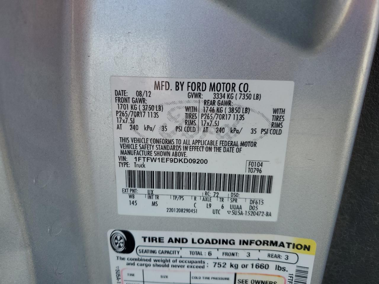 2013 Ford F150 Supercrew VIN: 1FTFW1EF9DKD09200 Lot: 85561035