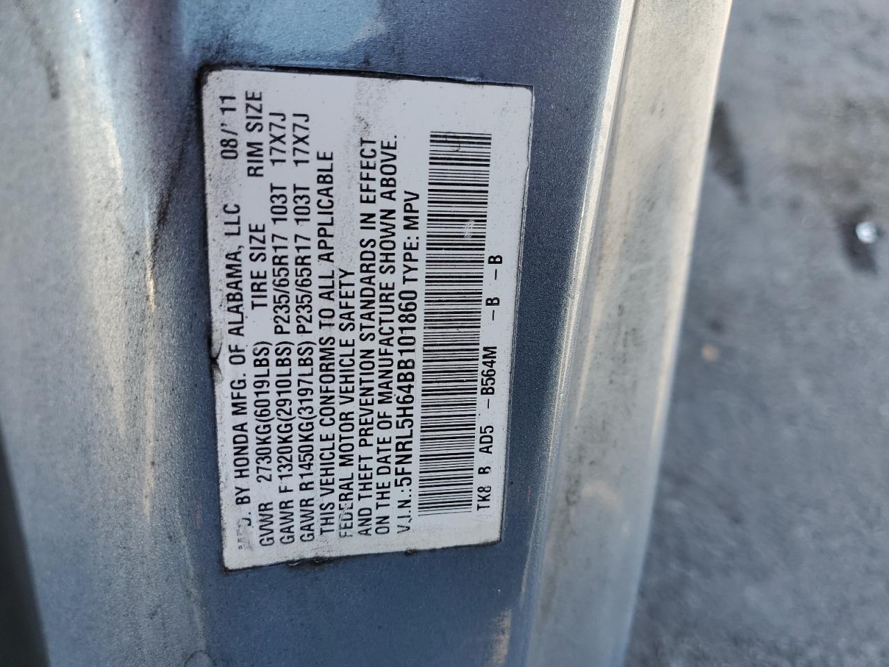 2011 Honda Odyssey Exl VIN: 5FNRL5H64BB101860 Lot: 81918445