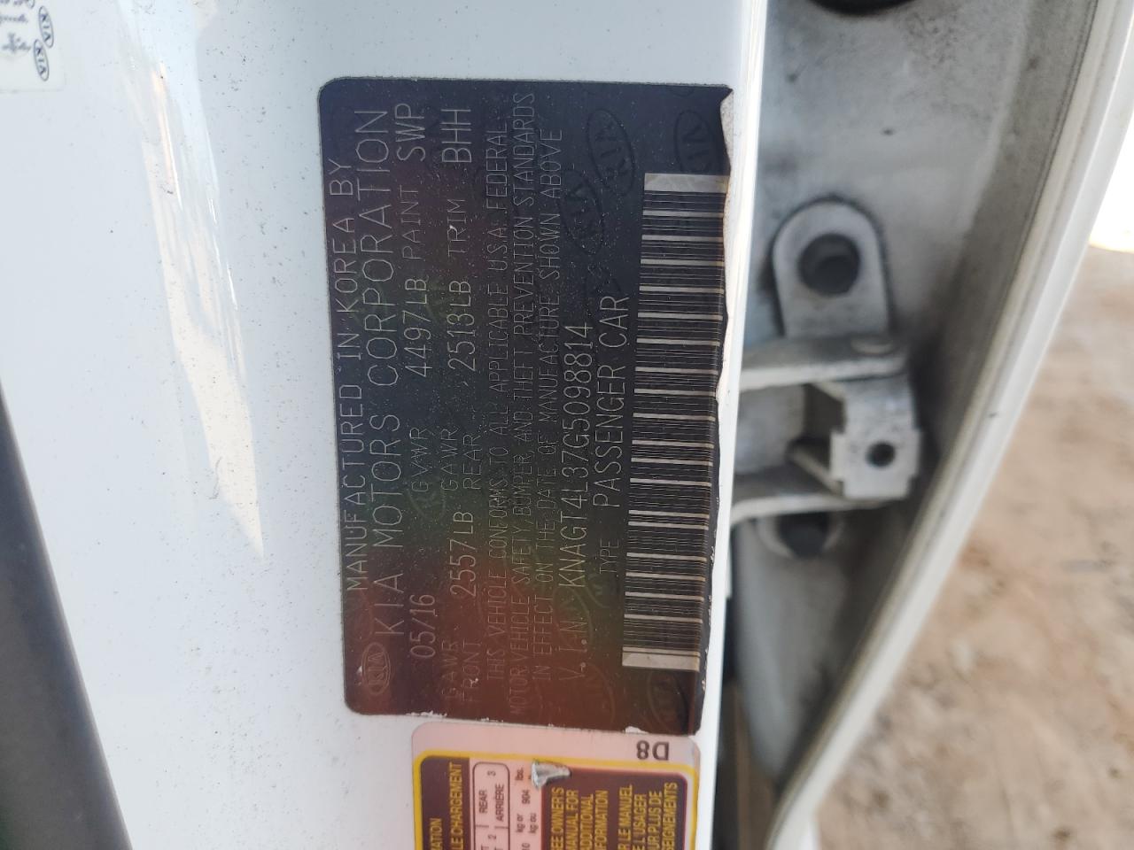 2016 Kia Optima Lx VIN: KNAGT4L37G5098814 Lot: 91162905