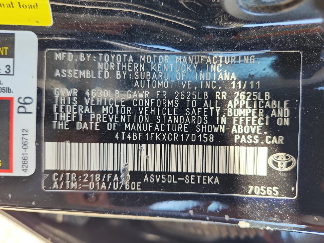 2012 Toyota Camry Base VIN: 4T4BF1FKXCR170158 Lot: 82335235