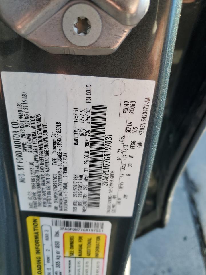 2016 Ford Fusion Se VIN: 3FA6P0H77GR197031 Lot: 82217785