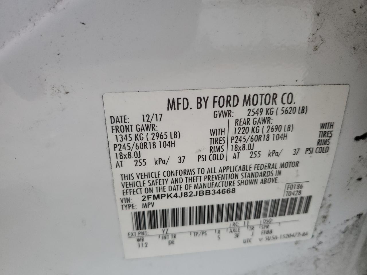 2018 Ford Edge Sel VIN: 2FMPK4J82JBB34668 Lot: 84716905