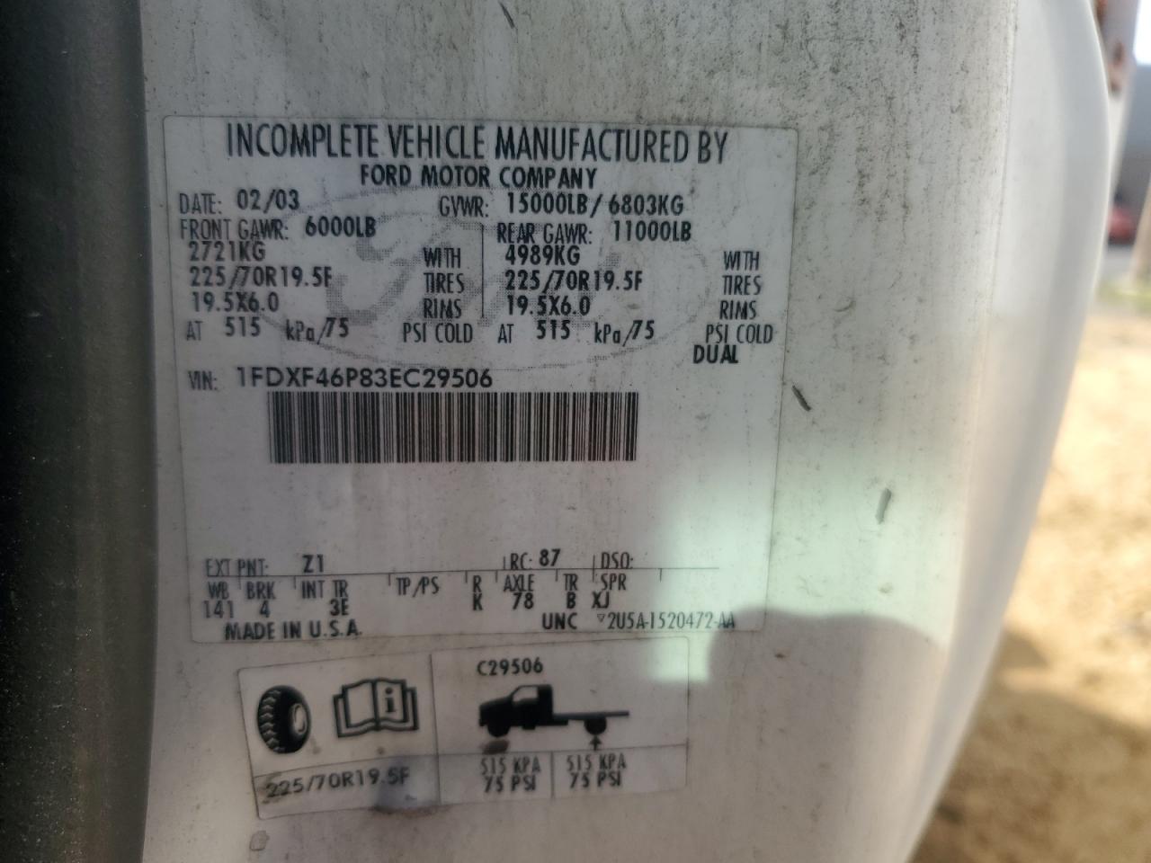 2003 Ford F450 Super Duty VIN: 1FDXF46P83EC29506 Lot: 84169895