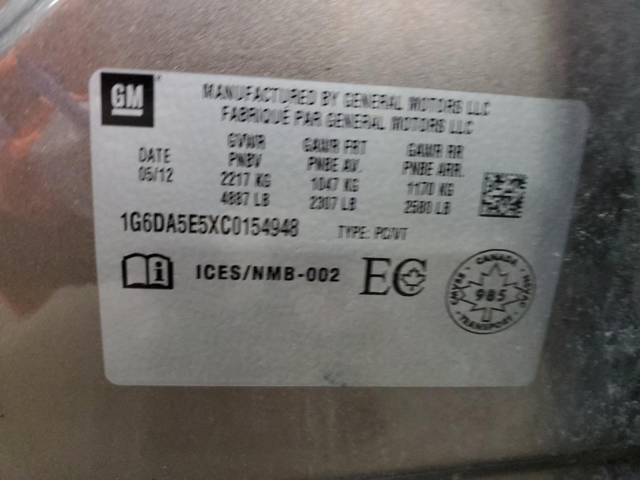 2012 Cadillac Cts VIN: 1G6DA5E5XC0154948 Lot: 90430425