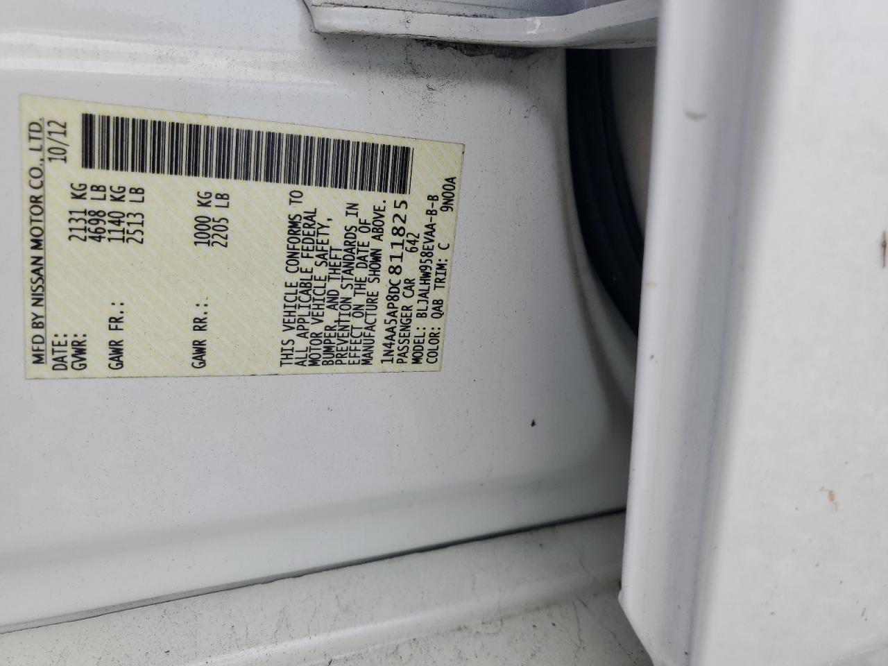 2013 Nissan Maxima S VIN: 1N4AA5AP8DC811825 Lot: 85740615