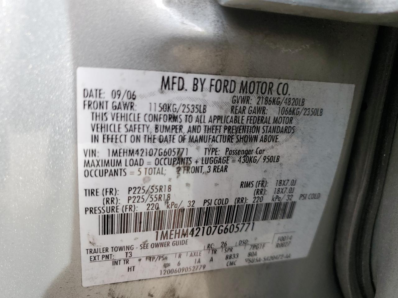 2007 Mercury Montego Premier VIN: 1MEHM42107G605771 Lot: 82296985