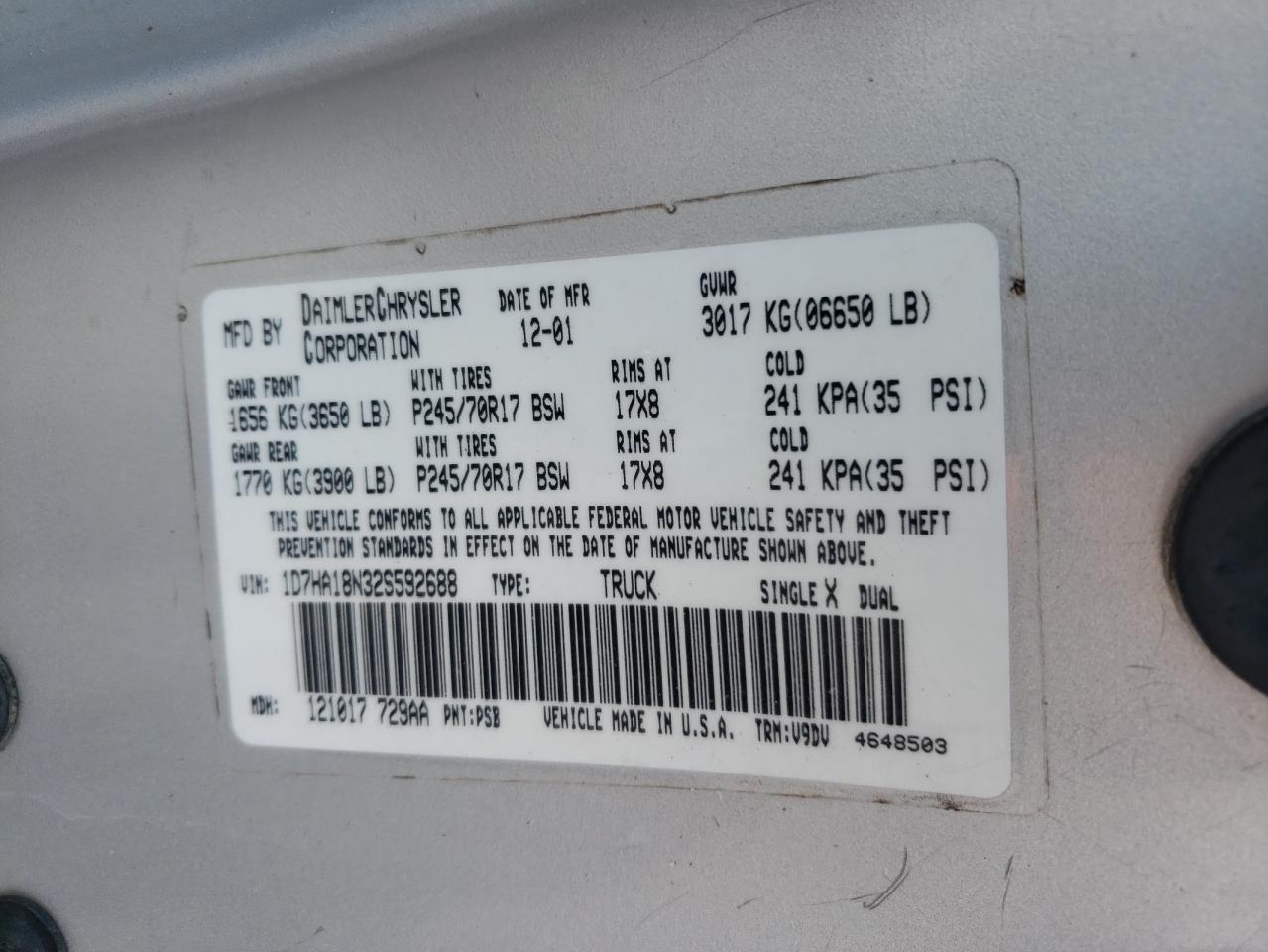 2002 Dodge Ram 1500 VIN: 1D7HA18N32S592688 Lot: 81897845