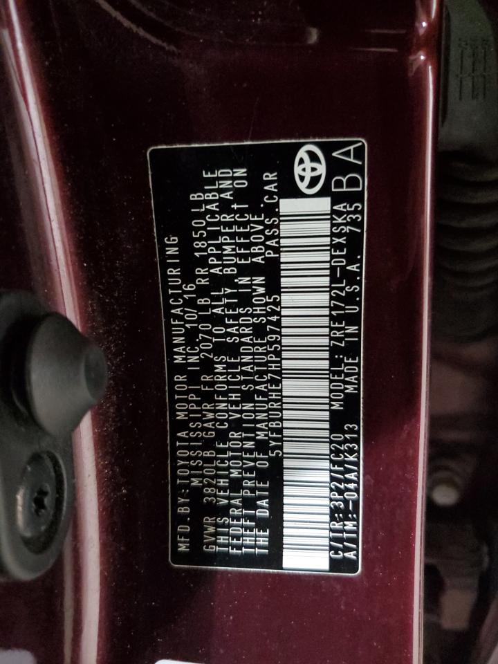 2017 Toyota Corolla L VIN: 5YFBURHE7HP597425 Lot: 84953565