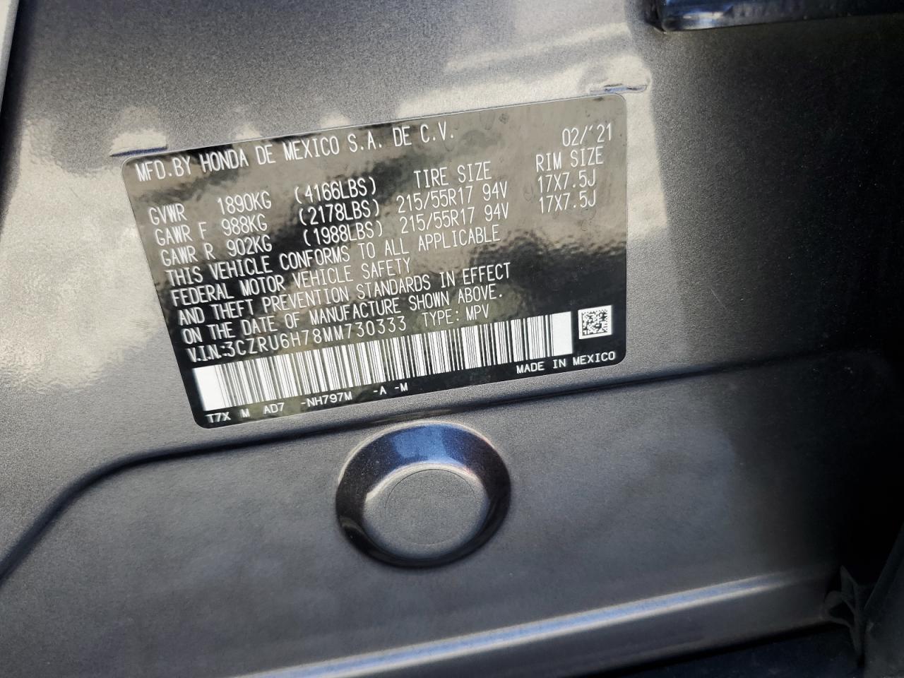 2021 Honda Hr-V Exl VIN: 3CZRU6H78MM730333 Lot: 82274025