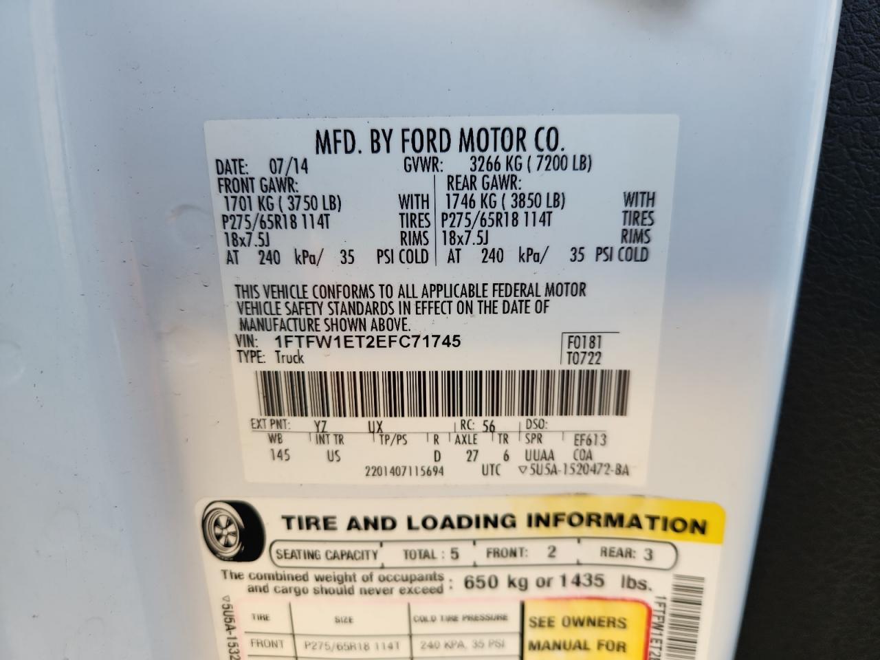 2014 Ford F150 Supercrew VIN: 1FTFW1ET2EFC71745 Lot: 85009165