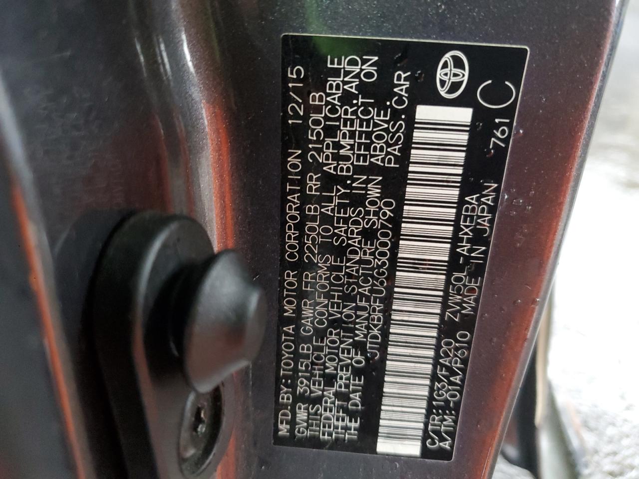 2016 Toyota Prius VIN: JTDKBRFU6G3000790 Lot: 86321785