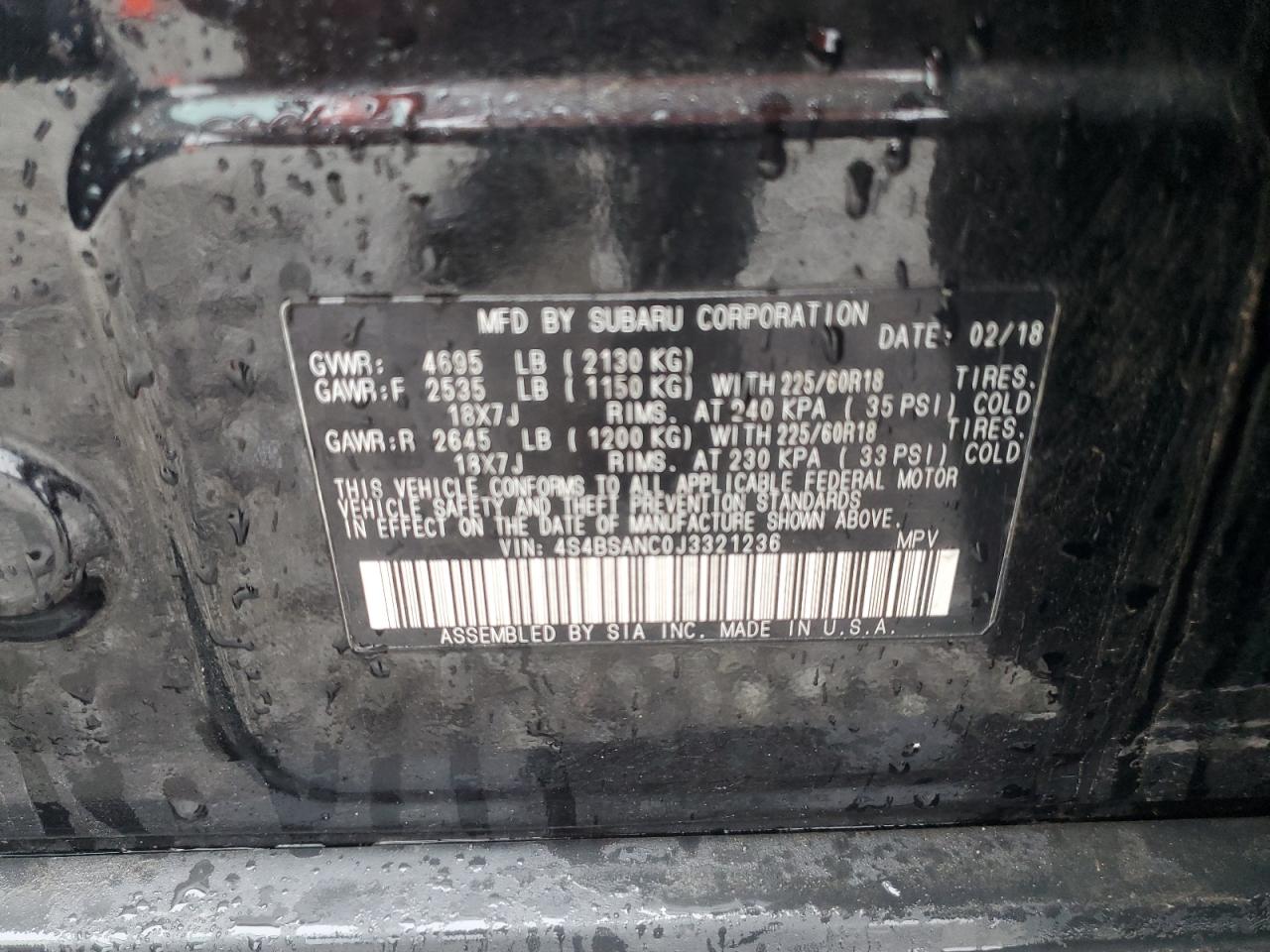 2018 Subaru Outback 2.5I Limited VIN: 4S4BSANC0J3321236 Lot: 82254435