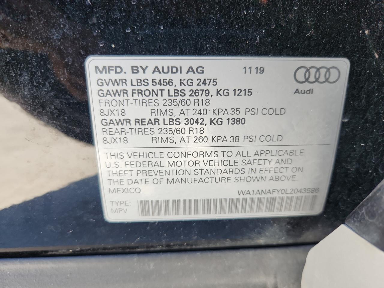 2020 Audi Q5 Premium VIN: WA1ANAFY0L2043586 Lot: 86182735